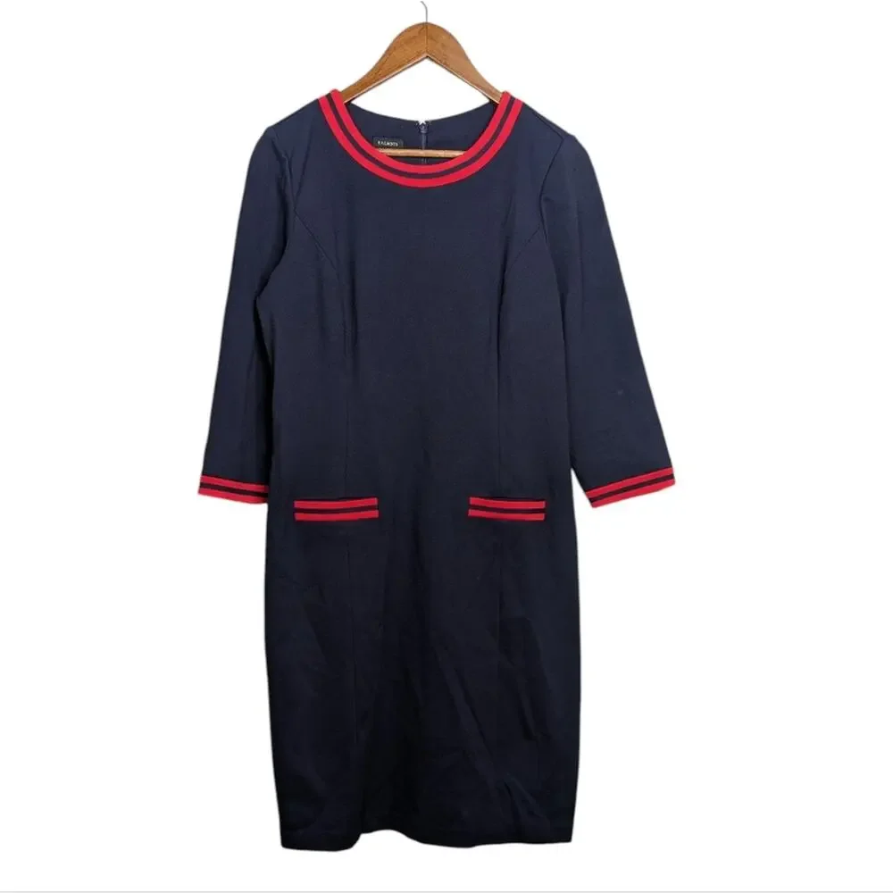 Talbots Career Shift Midi Dress 10 Navy Blue Red Trim Modest Ponte Knit Office - Picture 9 of 9